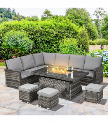 Outsunny 7 Pieces Rattan Garden Furniture Set w/ 50,000 BTU Gas Fire Pit Table