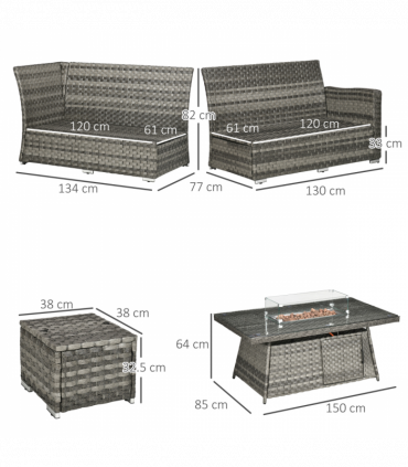 Outsunny 7 Pieces Rattan Garden Furniture Set w/ 50,000 BTU Gas Fire Pit Table