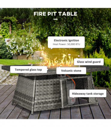 Outsunny 7 Pieces Rattan Garden Furniture Set w/ 50,000 BTU Gas Fire Pit Table