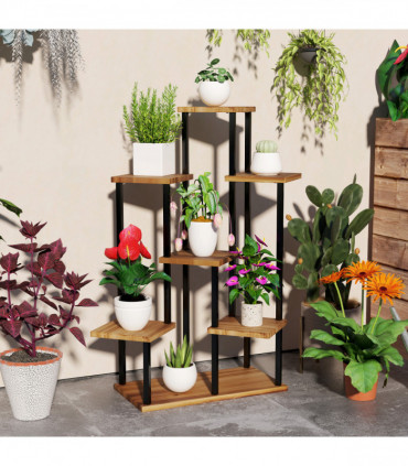 Outsunny 7 Tier Plant Stand, Tall Steel Wood Plant Shelf, Carbonised Finish