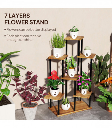Outsunny 7 Tier Plant Stand, Tall Steel Wood Plant Shelf, Carbonised Finish