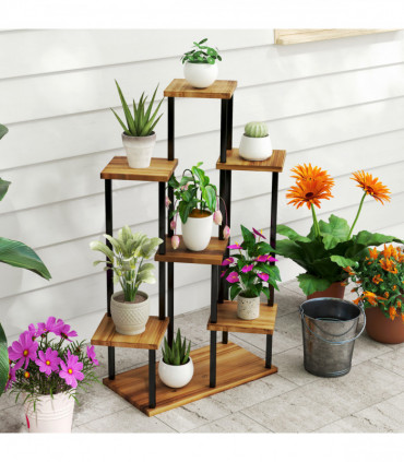 Outsunny 7 Tier Plant Stand, Tall Steel Wood Plant Shelf, Carbonised Finish