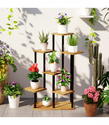 Outsunny 7 Tier Plant Stand, Tall Steel Wood Plant Shelf, Carbonised Finish