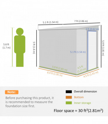 Outsunny 7 x 5FT Garden Shed w/ Foundation Lean to Metal Tool Shed Dark Grey