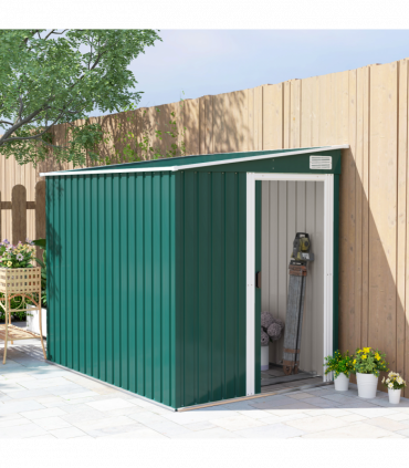 Outsunny 7 x 5FT Garden Shed w/ Foundation Lean to Metal Tool Shed Green