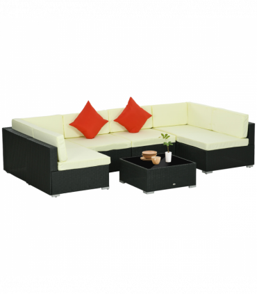 Outsunny 7PC Rattan Garden Furniture Set Coffee Table Buckle Structure, Black