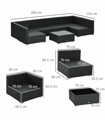 Outsunny 7PC Rattan Garden Furniture Set Coffee Table Buckle Structure, Black