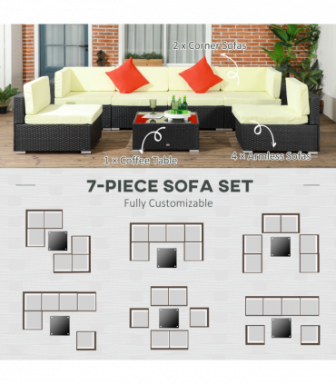 Outsunny 7PC Rattan Garden Furniture Set Coffee Table Buckle Structure, Black