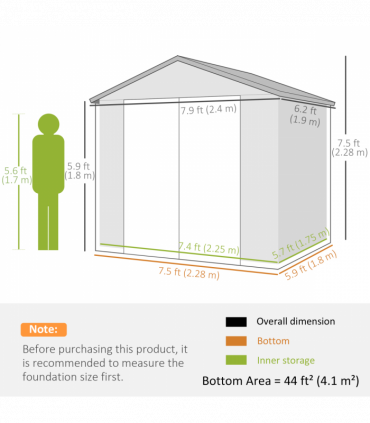 Outsunny 8 x 6ft Garden Shed Storage with Foundation Kit and Vents, Grey