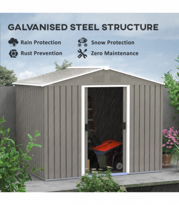Outsunny 8 x 6ft Garden Storage Shed w/ Double Sliding Door Outdoor Light Grey