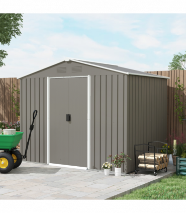 Outsunny 8 x 6ft Garden Storage Shed w/ Double Sliding Door Outdoor Light Grey