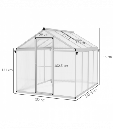 Outsunny 8x6ft Aluminium Greenhouse with/ Door Window Galvanised Base PC Panel