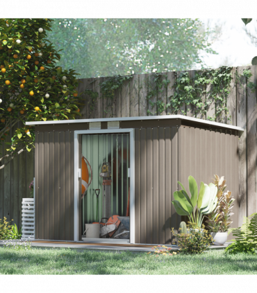 Outsunny 9 x 4FT Metal Garden Storage Shed w/ 2 Door, Light Grey Wood Grain