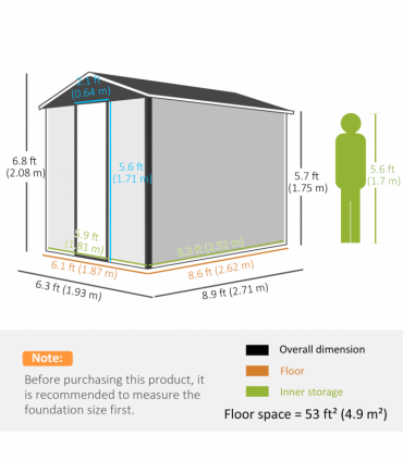 Outsunny 9'x6' Galvanised Metal Garden Shed Tool Storage Shed for Patio Grey