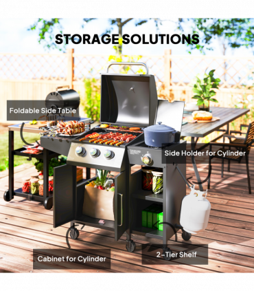 Outsunny 9.5 kW Gas Barbecue with 3+1 Burner, Storage Cabinet and Shelves