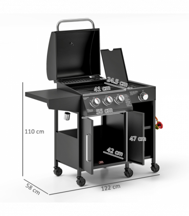 Outsunny 9.5 kW Gas Barbecue with 3+1 Burner, Storage Cabinet and Shelves