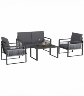 Outsunny Aluminium Garden Furniture Sets w/ Cushions, Slatted Top Table, Black