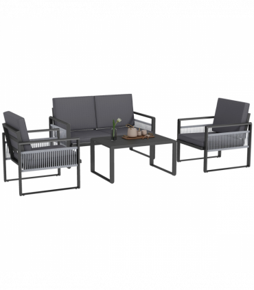 Outsunny Aluminium Garden Furniture Sets w/ Cushions, Slatted Top Table, Black