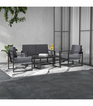 Outsunny Aluminium Garden Furniture Sets w/ Cushions, Slatted Top Table, Black