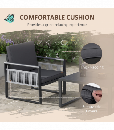 Outsunny Aluminium Garden Furniture Sets w/ Cushions, Slatted Top Table, Black