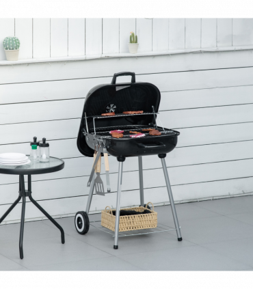Outsunny BBQ Charcoal Smoker Grill Trolley with 2 Wheels and Grilling Utensils