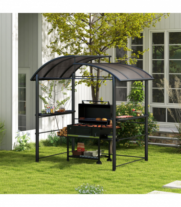 Outsunny BBQ Patio Canopy Gazebo with Interlaced Polycarbonate Roof 2 Shelves