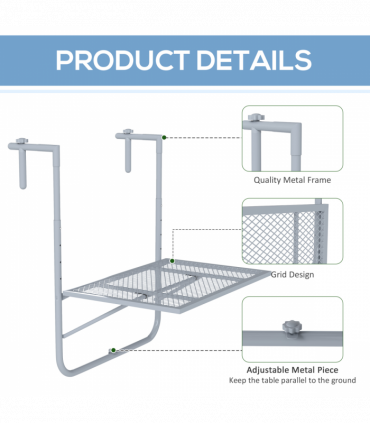 Outsunny Balcony Hanging Table Wall Mount Adjustable Folding Desk Patio Grey
