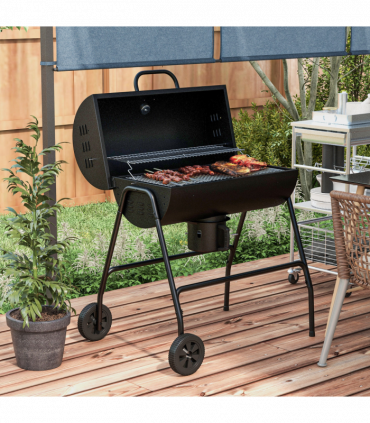 Outsunny Barrel Charcoal Barbecue BBQ Grill Trolley W/ Ash Catcher Thermometer