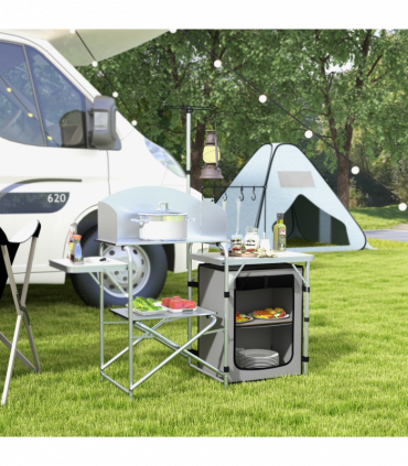 Outsunny Camping Kitchen with Cupboard Folding Camping Table with Carrying Bag