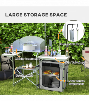 Outsunny Camping Kitchen with Cupboard Folding Camping Table with Carrying Bag