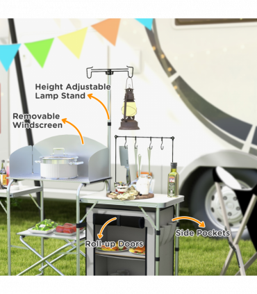 Outsunny Camping Kitchen with Cupboard Folding Camping Table with Carrying Bag