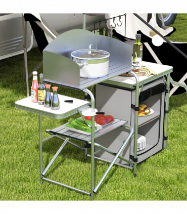 Outsunny Camping Kitchen with Cupboard Folding Camping Table with Carrying Bag