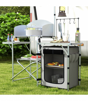 Outsunny Camping Kitchen with Cupboard Folding Camping Table with Carrying Bag