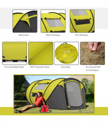 Outsunny Camping Tent Dome Pop-up Tent with Windows for 4-5 Person Yellow