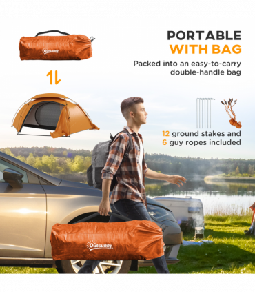 Outsunny Camping Tent Dome Tent with Removable Rainfly for 1-2 Man, Orange