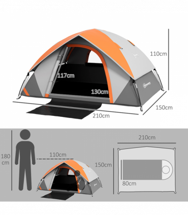 Outsunny Camping Tent, 4-5 Man Family Tent, Grey and Orange