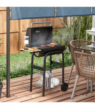 Outsunny Charcoal Barbecue BBQ Grill Trolley W/ Shelves, Lid and Thermometer