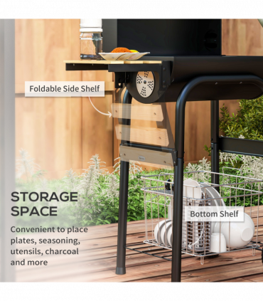 Outsunny Charcoal Barbecue BBQ Grill Trolley W/ Shelves, Lid and Thermometer