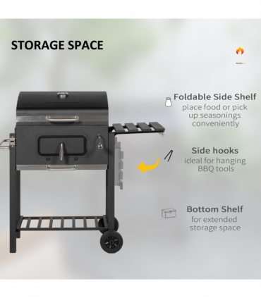 Outsunny Charcoal Grill BBQ Trolley Wheels Shelf Side Thermometer Steel Black