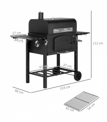 Outsunny Charcoal Grill BBQ Trolley w/ Adjustable Charcoal Height & Thermometer