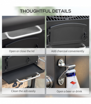 Outsunny Charcoal Grill BBQ Trolley w/ Adjustable Charcoal Height & Thermometer