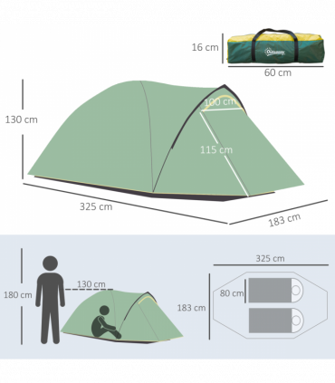 Outsunny Compact Camping Tent w/ Vestibule & Mesh Vents for Hiking Green