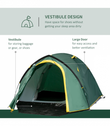 Outsunny Compact Camping Tent w/ Vestibule & Mesh Vents for Hiking Green