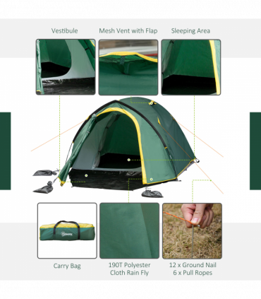Outsunny Compact Camping Tent w/ Vestibule & Mesh Vents for Hiking Green