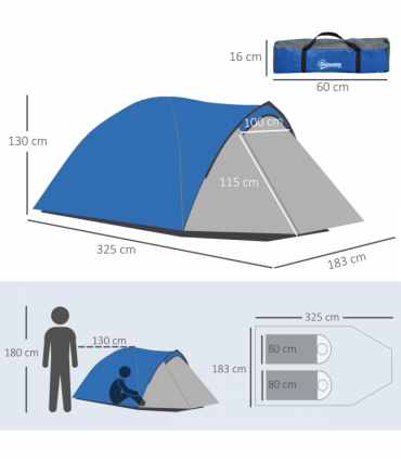 Outsunny Compact Camping Tent with Vestibule & Mesh Vents for Hiking Blue