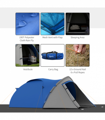 Outsunny Compact Camping Tent with Vestibule & Mesh Vents for Hiking Blue