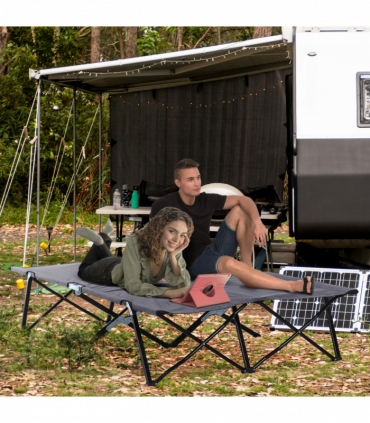 Outsunny Double Camping Folding Cot Outdoor Portable Sunbed w/ Carry Bag, Grey