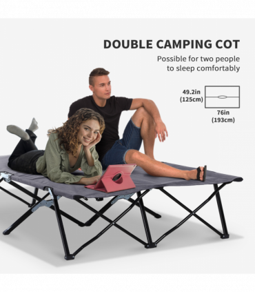 Outsunny Double Camping Folding Cot Outdoor Portable Sunbed w/ Carry Bag, Grey