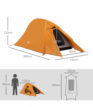 Outsunny Double Layer Camping Tent for 1-2 Man, 2000mm Waterproof, Orange