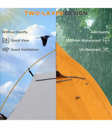 Outsunny Double Layer Camping Tent for 1-2 Man, 2000mm Waterproof, Orange